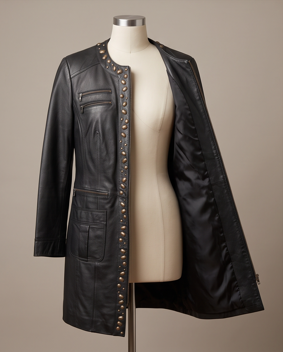 Manteau en Cuir MANDARIN — Style Rock Clouté — Taille 46