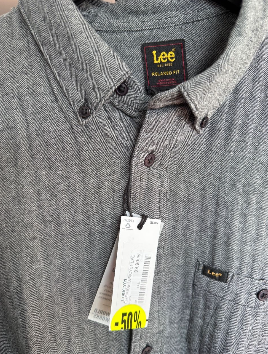 Chemise Lee Homme Neuve Motifs Chevrons Gris Taille M