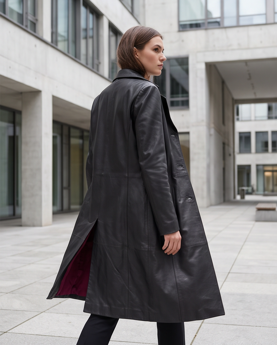 Manteau Long en Cuir LEONARDO — Noir — Très Bon État — Taille 42/44