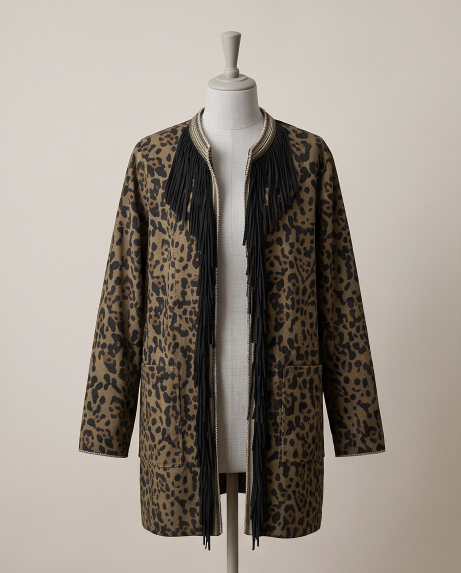 Veste BOLONDE No.8 — Motif Léopard & Franges — Boho Chic — Taille 42