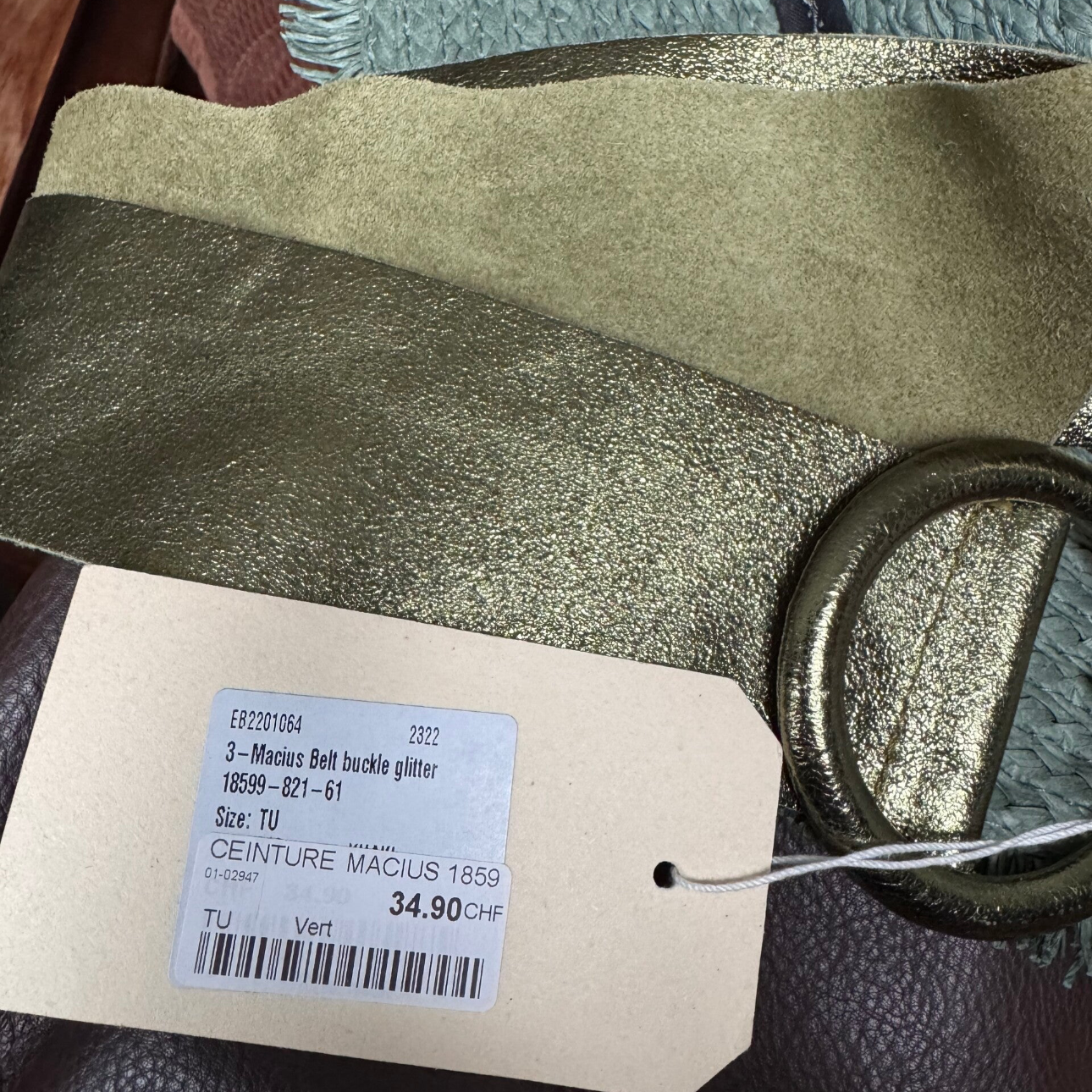 Driver Jeans Ceinture Macius Vert, Boucle Glitter, TU, Neuve