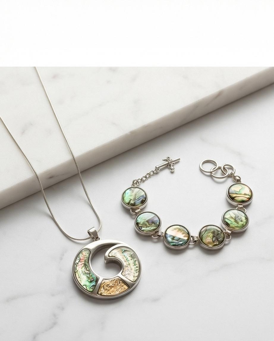 Parure collier et bracelet ornée nacre neuve