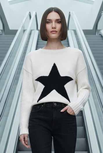 Pull blanc étoile noire — très bon état — taille M