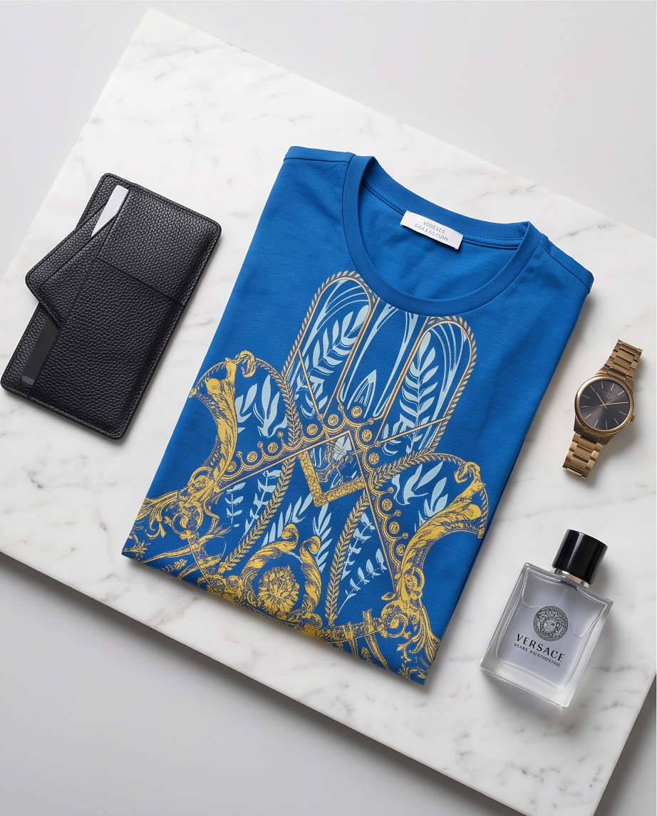 VERSACE COLLECTION – T-shirt Baroque Bleu & Or – Taille S