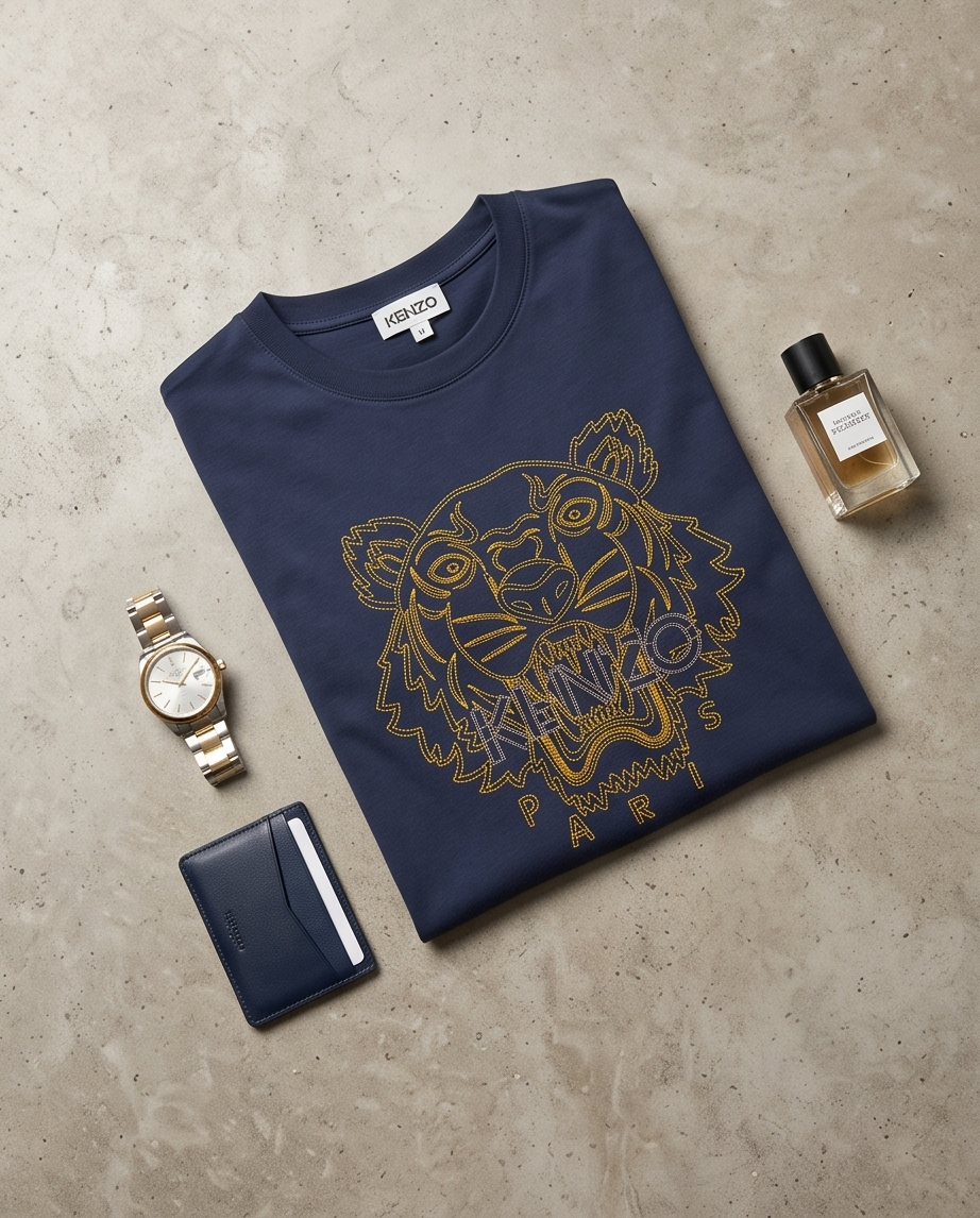 KENZO – T-shirt Tiger Homme Bleu Marine & Doré – Taille M