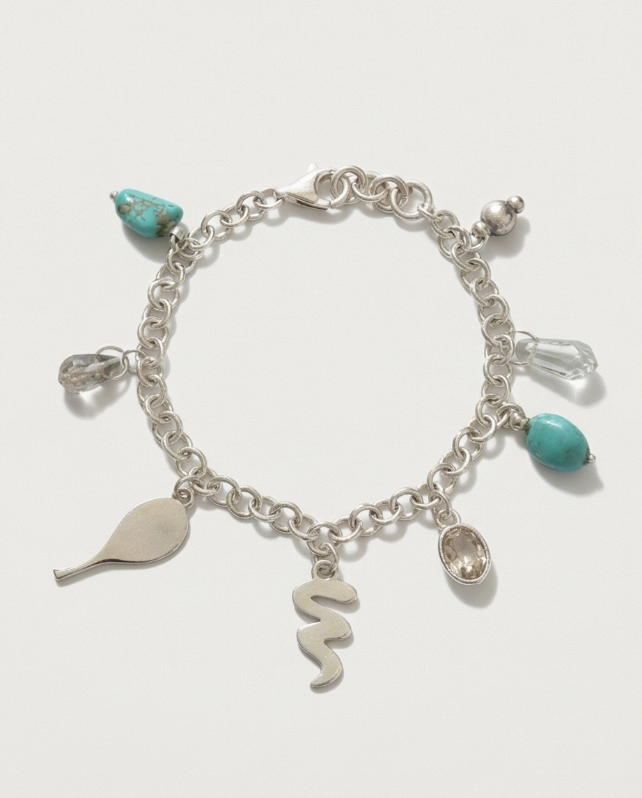 Bracelet  charms, turquoise, cristal de roche - neuf
