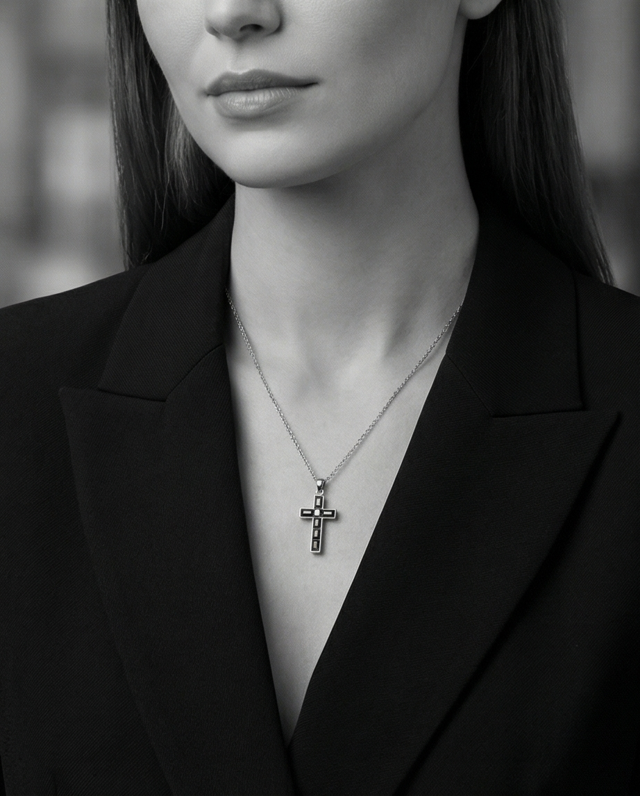 Swarovski Collier en argent avec pendentif croix sertie d'oxydes noirs.