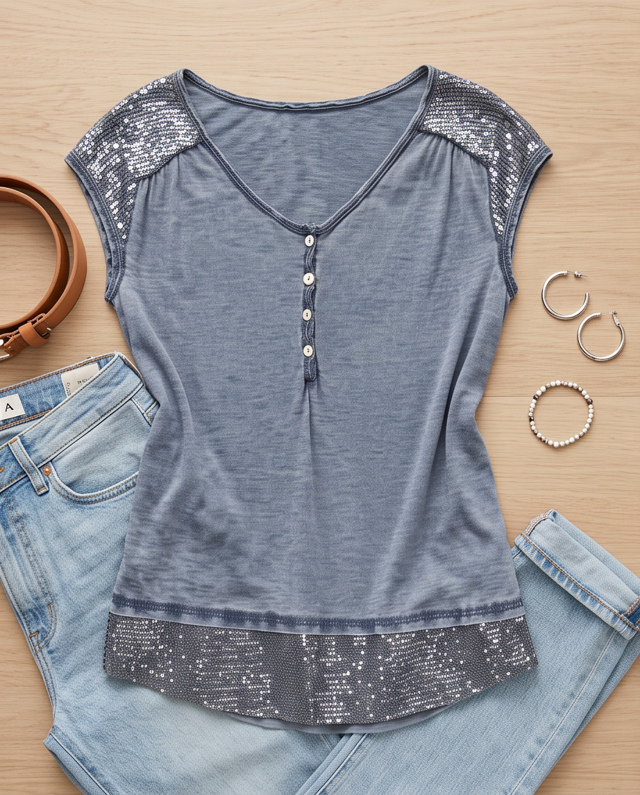haut gris bleu à boutons et détails pailletés — taille M