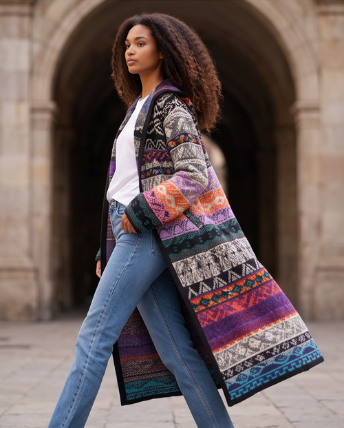 Aldo Martins – Manteau Long Multicolore en Laine – Taille M – Comme Neuf