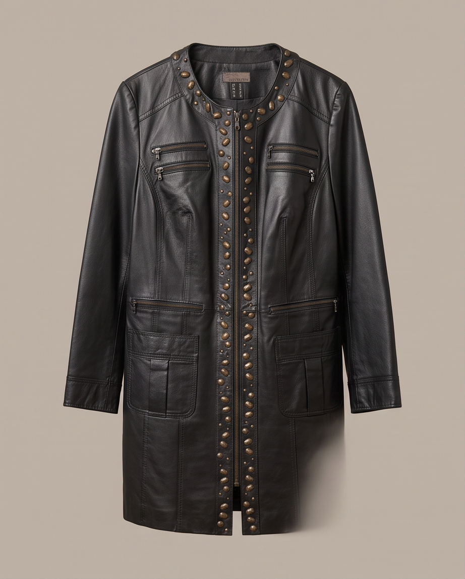 Manteau en Cuir MANDARIN — Style Rock Clouté — Taille 46