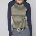RIB ROUND NECK CONTRASTING STRIPE TOP - M