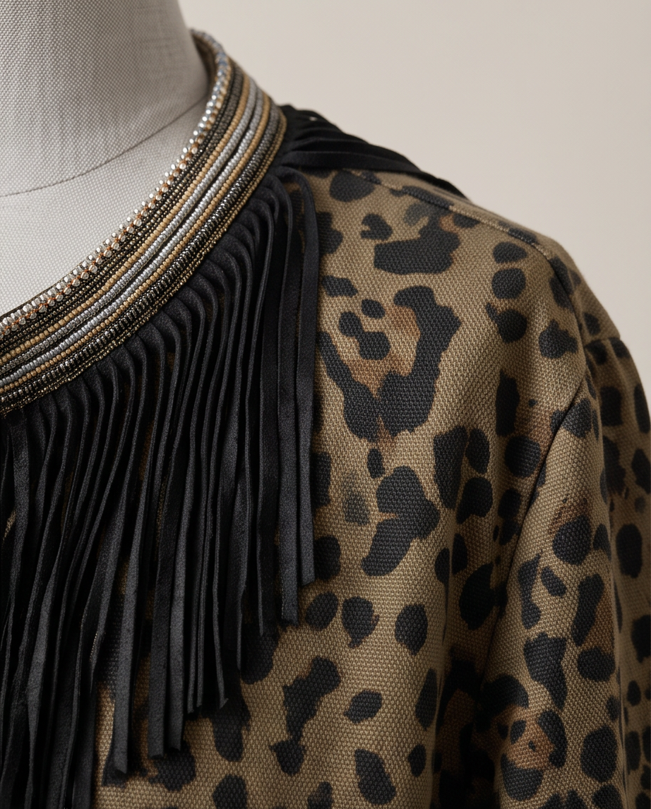 Veste BOLONDE No.8 — Motif Léopard & Franges — Boho Chic — Taille 42