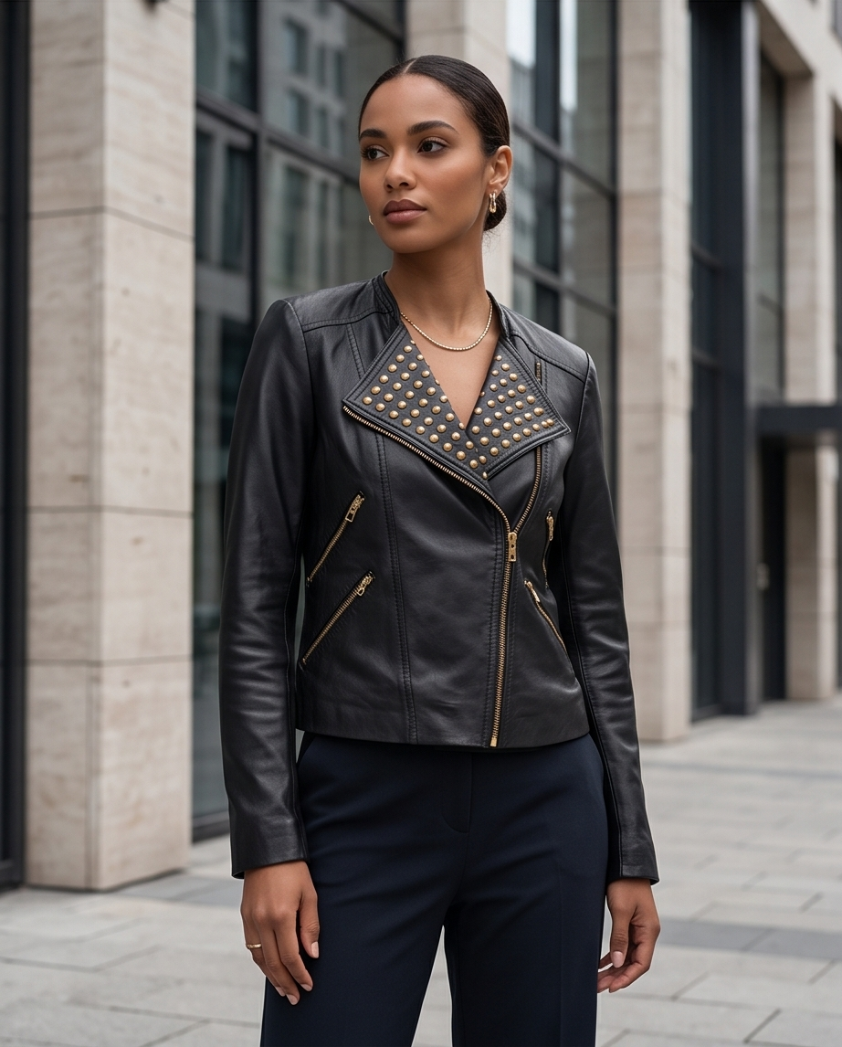 Veste en Cuir VILA Noir Cloutée — Neuve — Taille M
