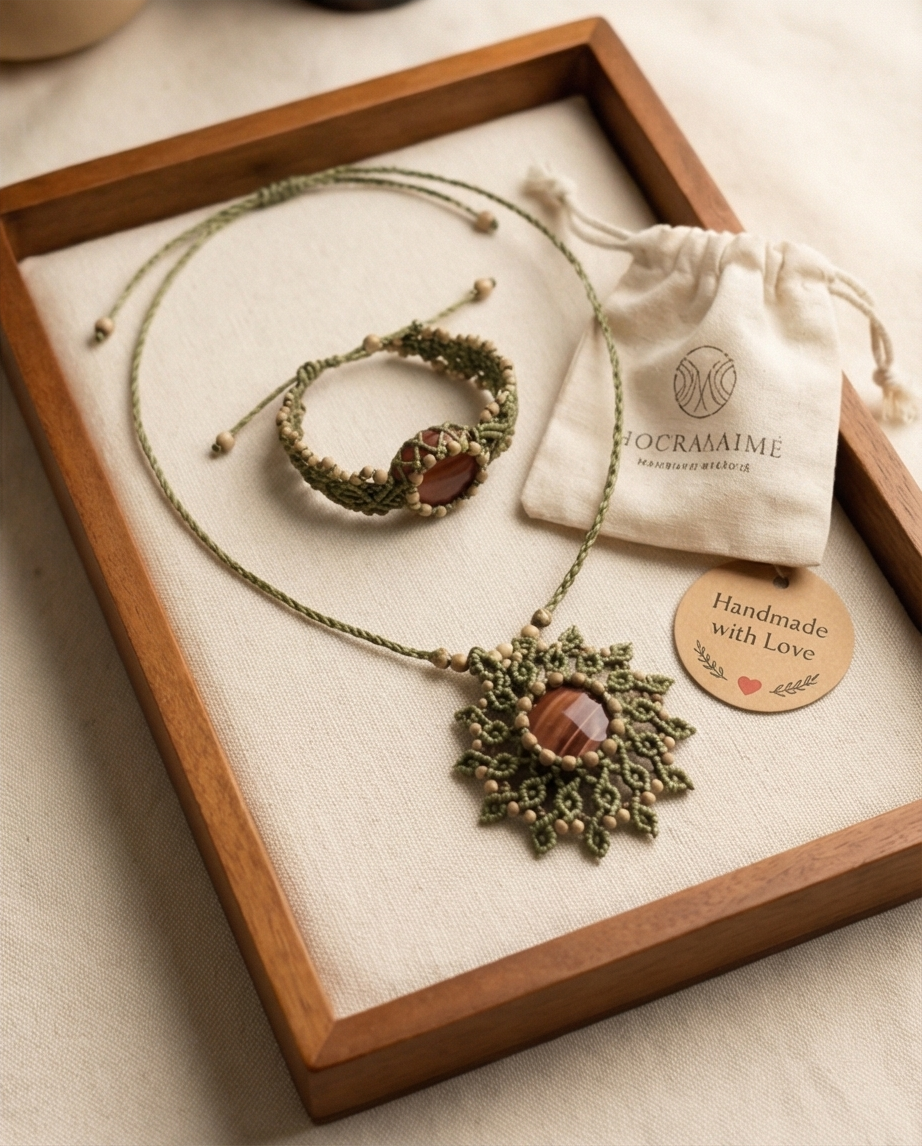 Lot, collier et bracelet en macramé, fait main, neuf