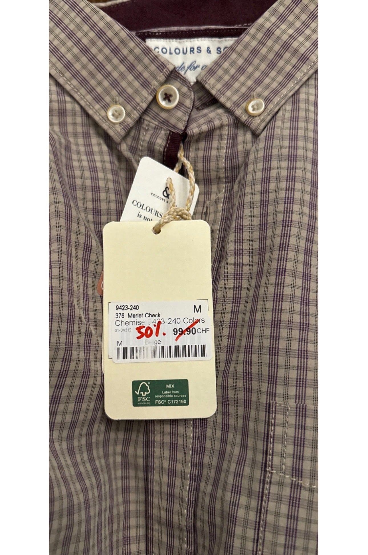 Colours & Sons Chemise homme Merlot Check taille M neuve